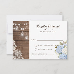 Blue Hydrangea Rustic Wood String Lights RSVP Invitation