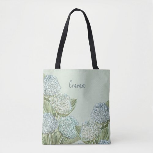 Blue Hydrangea Sage Green Tote Bag