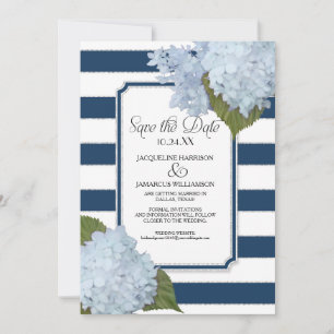 Blue Hydrangea Save the Date Wide Striped Floral Invitation