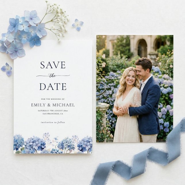 Blue Hydrangea Save The Date With Photo Flat Card (Creator Uploaded)