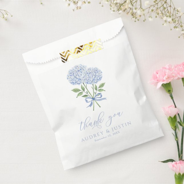 Blue Hydrangea Script Thank You Customized Wedding Favor Bag (Sealed)