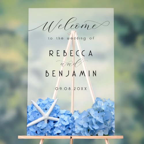 Blue Hydrangea Seaside Wedding Welcome Opaque Acrylic Sign