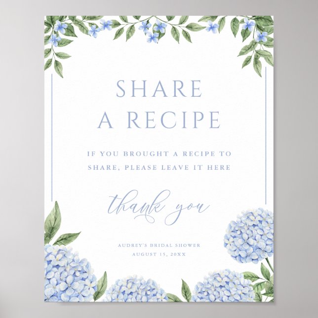 Blue Hydrangea Share a Recipe Shower Poster (Front)