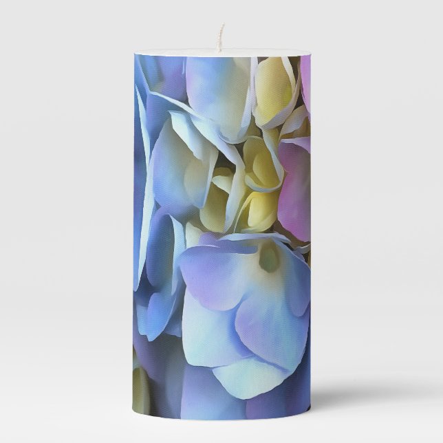 Blue Hydrangea Shrub Artistic Bossom Pillar Candle (Front)