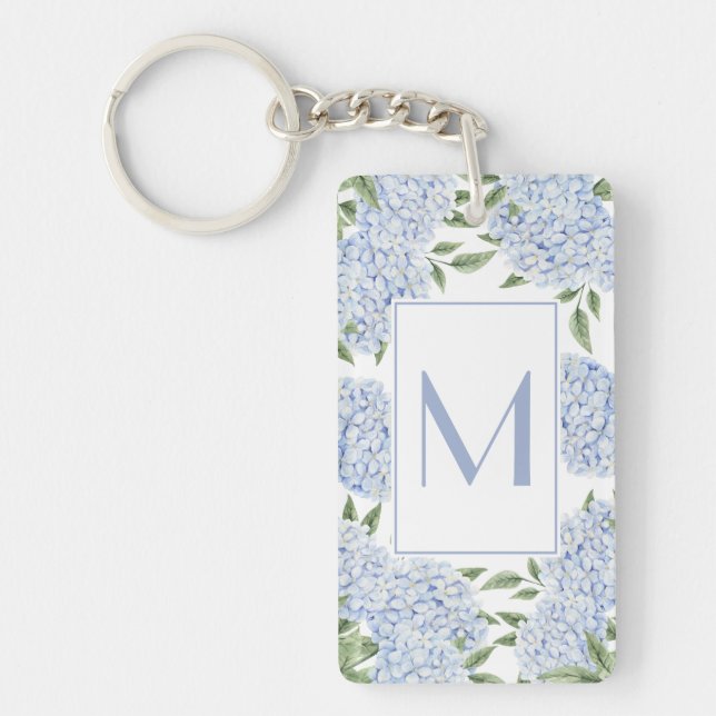 Blue Hydrangea Single Initial Monogram Custom Keychain (Front)