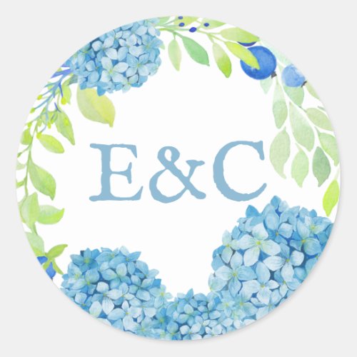 Blue Hydrangea Sophisticated Wedding Classic Round Sticker