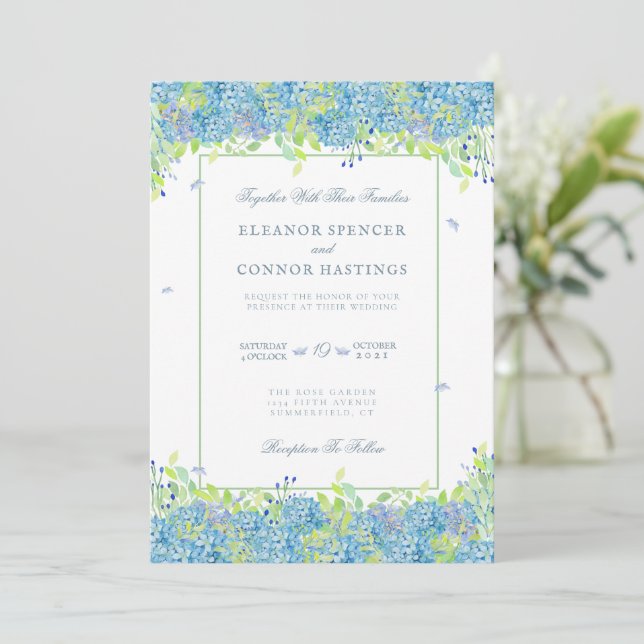 Blue Hydrangea Sophisticated Wedding Invitation (Standing Front)