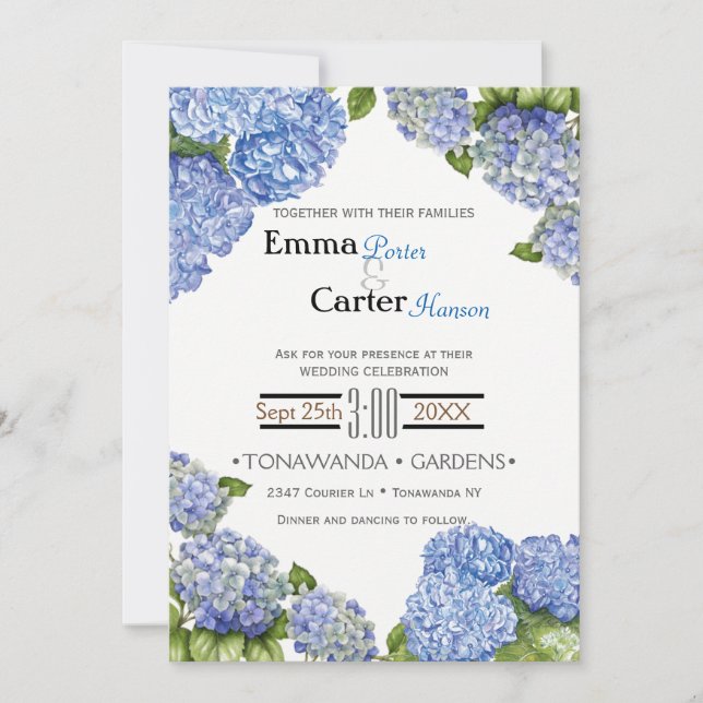 Blue Hydrangea Spring Flower Wedding Invitation (Front)
