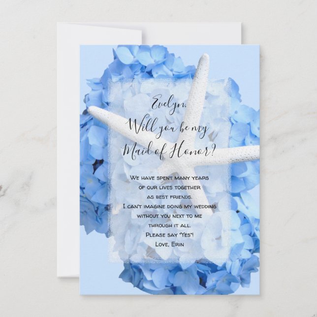 Blue Hydrangea Starfish Be My Bridesmaid Card  (Front)