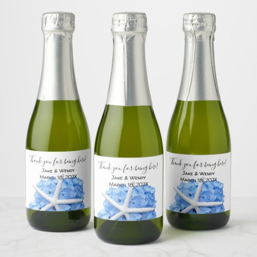 Blue Hydrangea Starfish Thank Guests Sparkling Wine Label