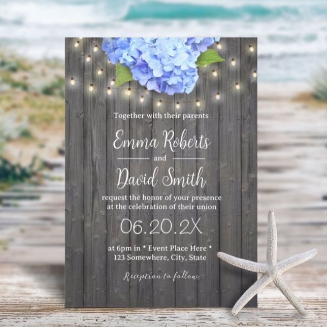 Blue Hydrangea & String Lights Barn Wood Wedding Invitation