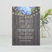 Blue Hydrangea & String Lights Barn Wood Wedding Invitation (Standing Front)