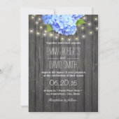Blue Hydrangea & String Lights Barn Wood Wedding Invitation (Front)
