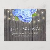 Blue Hydrangea & String Lights Wood Save the Date Announcement Postcard (Front)