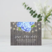Blue Hydrangea & String Lights Wood Save the Date Announcement Postcard (Standing Front)