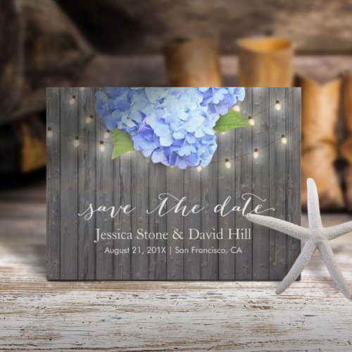 Blue Hydrangea  String Lights Wood Save the Date Announcement Postcard