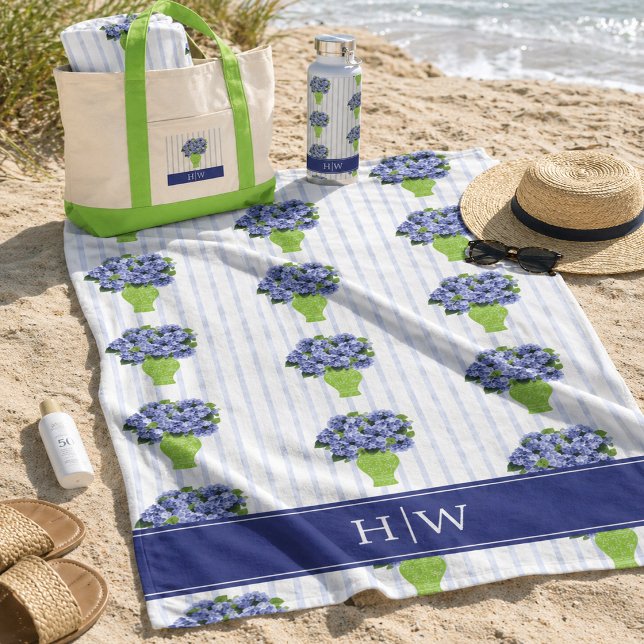 Blue Hydrangea Stripe Monogram Coastal Pattern Beach Towel (Creator Uploaded)