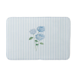 Blue Hydrangea Stripe Pattern Coastal Bath Mat
