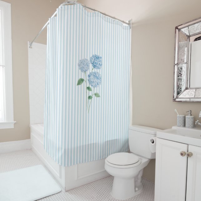Blue Hydrangea Stripe Pattern Coastal  Shower Curtain (In Situ)