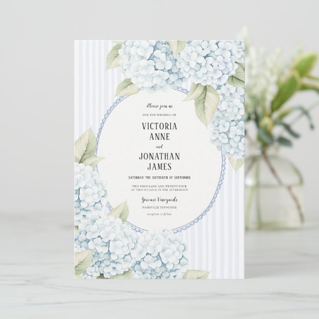 Blue Hydrangea Stripe Vintage Wedding Invitation (Standing Front)