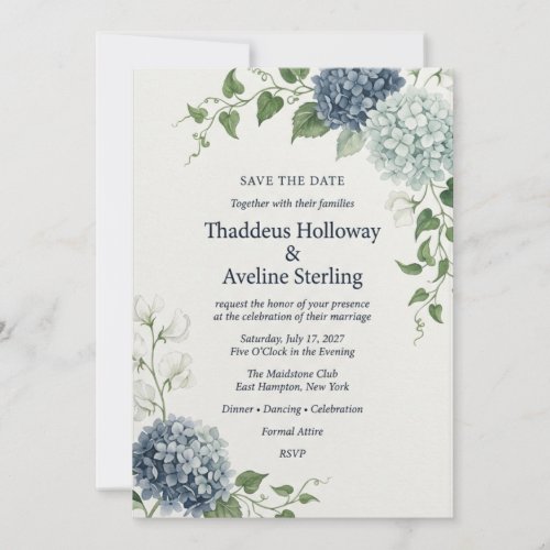 Blue Hydrangea & Sweet Pea Botanical Elegant Save Invitation