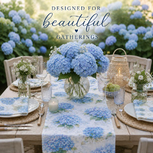 Blue Hydrangea Table Runner Elegant Coastal