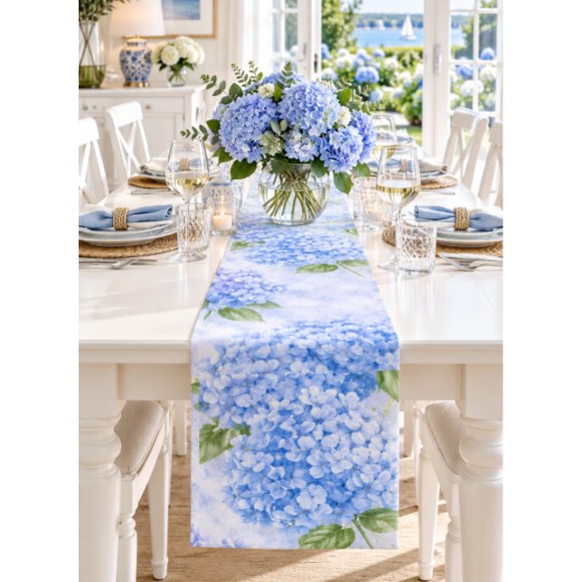 Blue Hydrangea Table Runner | Garden Party Decor (Blue hydrangea table runner for elegant entertaining, garden parties and floral table styling.)