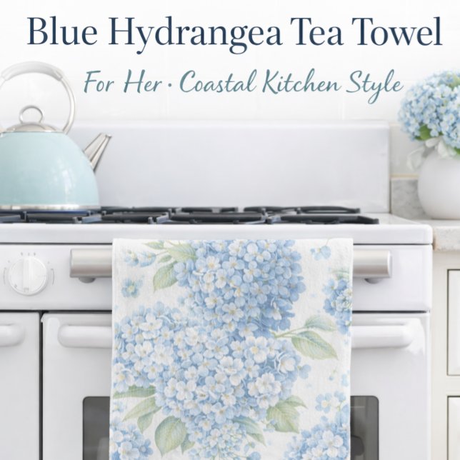 Blue Hydrangea Tea Towel Coastal Cottage Gift (Elegant blue hydrangea tea towel for coastal kitchens and thoughtful gifting)