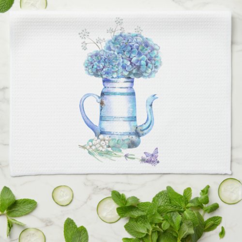 Blue Hydrangea Teapot Farmhouse Pastel Floral  Kitchen Towel