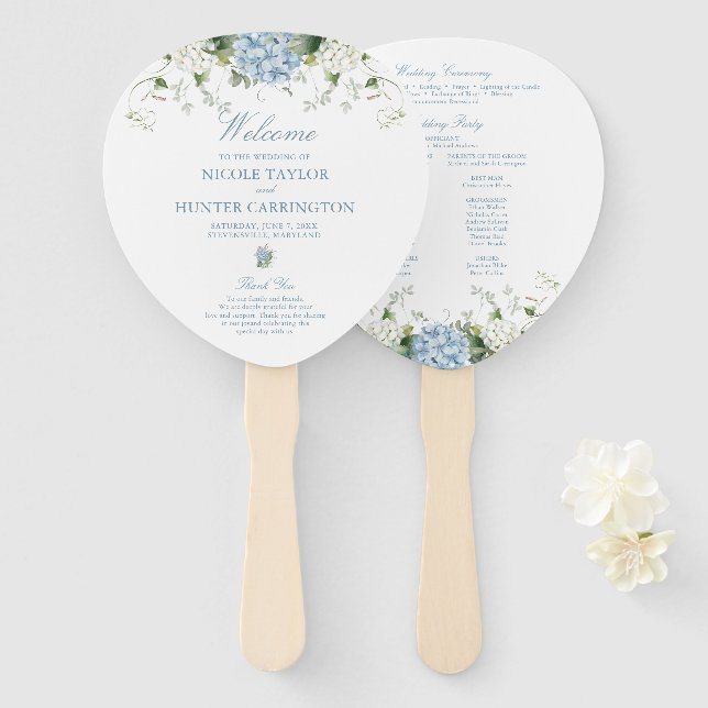 Blue Hydrangea Tear Drop Wedding Ceremony Program Hand Fan (Front and Back)