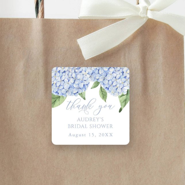 Blue Hydrangea Thank You Customized Bridal Shower Square Sticker (Creator Uploaded)