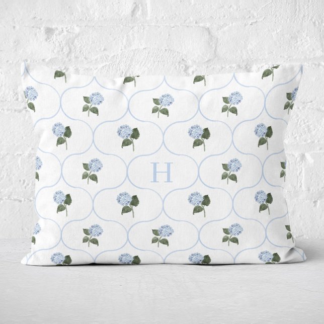 Blue Hydrangea Trellis Monogram   Accent Pillow (Hydrangea Blue Trellis Monogram Lumbar Pillow)