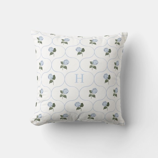 Blue Hydrangea Trellis Monogram   Throw Pillow (Front)