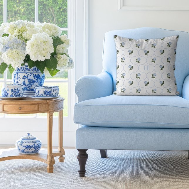 Blue Hydrangea Trellis Monogram   Throw Pillow (Hydrangea Blue Trellis Pillow)
