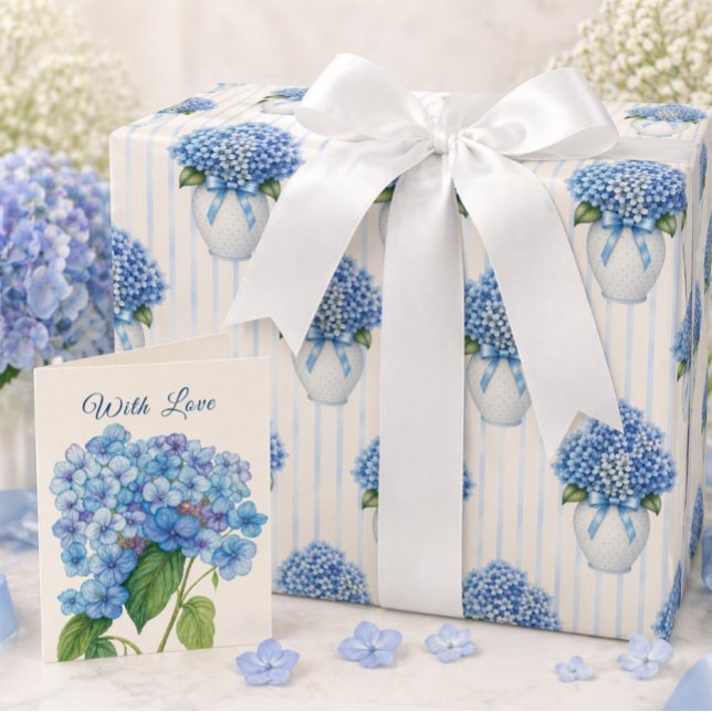 Blue Hydrangea Vase | Elegant Floral Gift Wrapping Paper (Create a beautiful gift with hydrangea wrap and matching card—shop the complete look today)