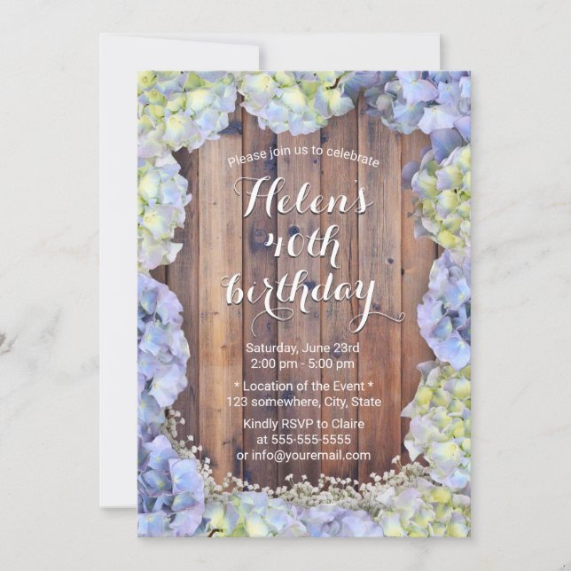 Blue Hydrangea Vintage Floral Birthday Party Invitation (Front)