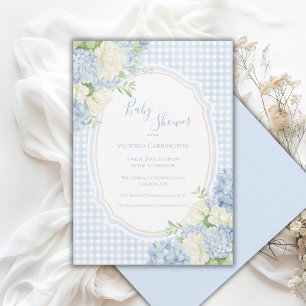 Blue Hydrangea Vintage Gingham Baby Shower  Invitation