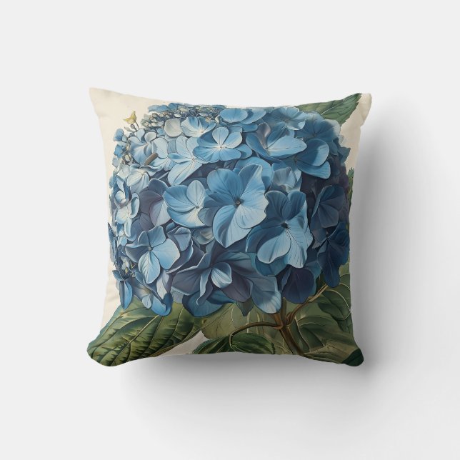 Blue Hydrangea Vintage Throw Pillow (Front)