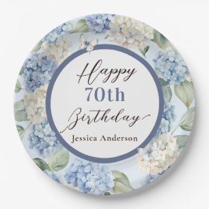 Blue Hydrangea Watercolor 70th Birthday Paper Plates