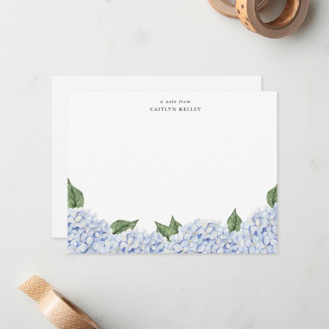 Blue Hydrangea Watercolor Border, Personalized Note Card (Front/Back In Situ)