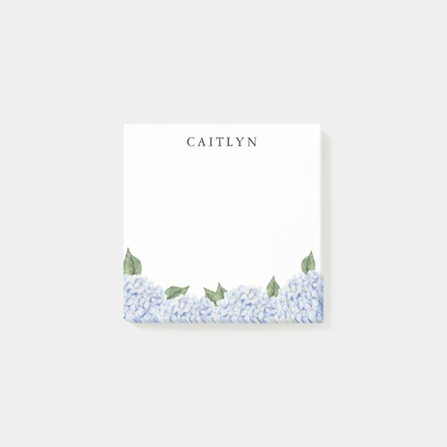 Blue Hydrangea Watercolor Border Personalized Post-it Notes (Front)