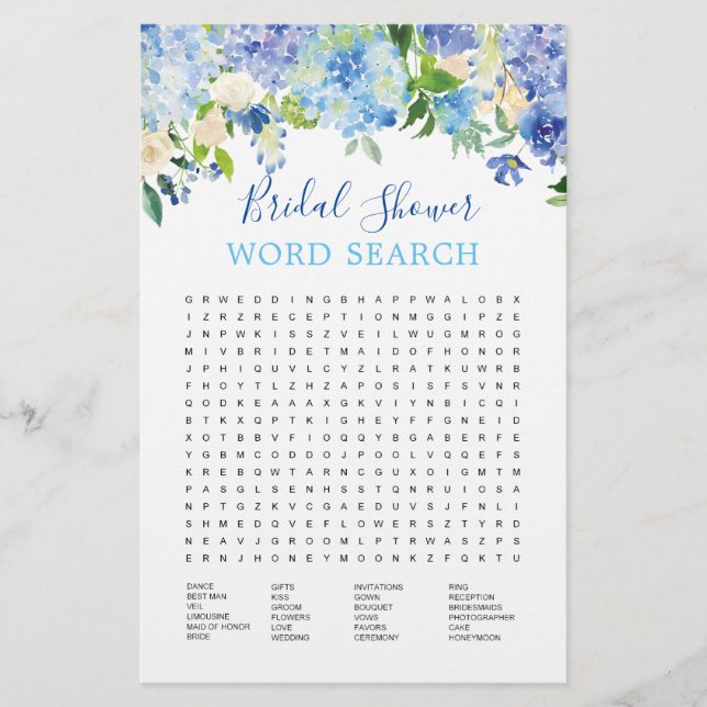 Blue Hydrangea  Watercolor Bridal Shower Game (Front)