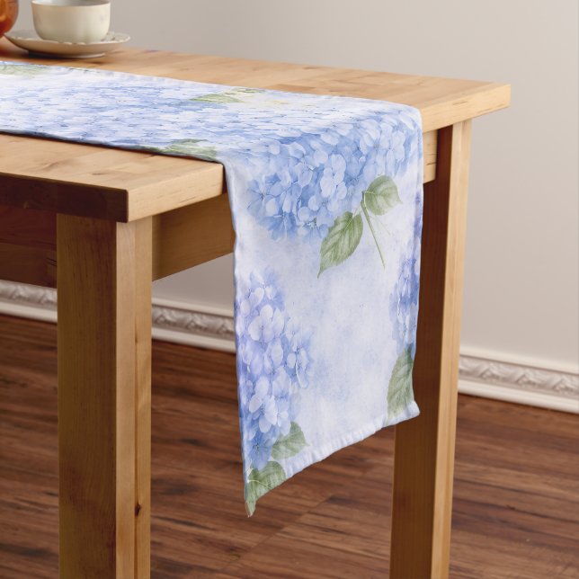 Blue Hydrangea Watercolor Coastal Table Runner (In Situ)