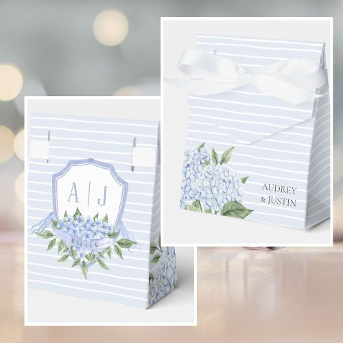 Blue Hydrangea Watercolor Crest and Flowers Custom Favor Boxes