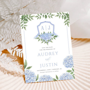 Blue Hydrangea Watercolor Crest Save The Date Invitation by FancyShmancyNotes at Zazzle