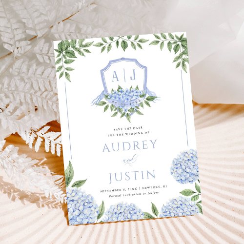 Blue Hydrangea Watercolor Crest Save the Date Invitation