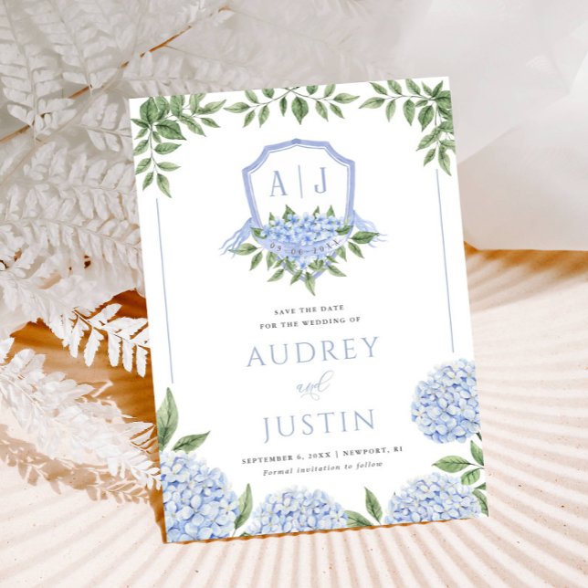 Blue Hydrangea Watercolor Crest Save the Date Invitation (Creator Uploaded)