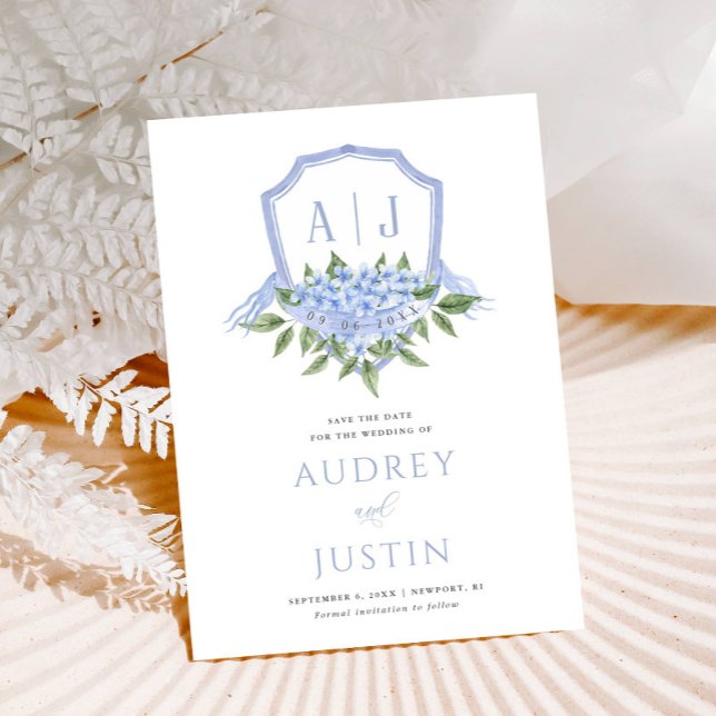 Blue Hydrangea Watercolor Crest Save the Date Invitation (Creator Uploaded)