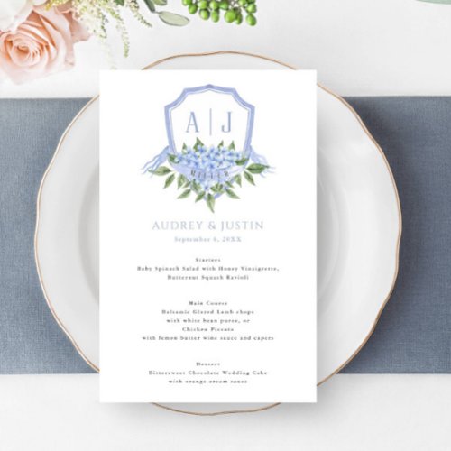 Blue Hydrangea Watercolor Crest Wedding Paper Menu