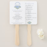 Blue Hydrangea Watercolor Crest Wedding Program Hand Fan<br><div class="desc">This beautiful design features blue hydrangea blooms and your custom text along with watercolor painted crest with a ribbon and hydrangeas. Use the template form to add your information. The Customize Further feature can be used to access the advanced editing menu where you can change the font, colors and layout...</div>